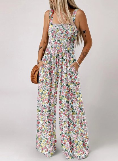 Boho Floral Print Smocked Bodice Wide Leg Jumpsuit
