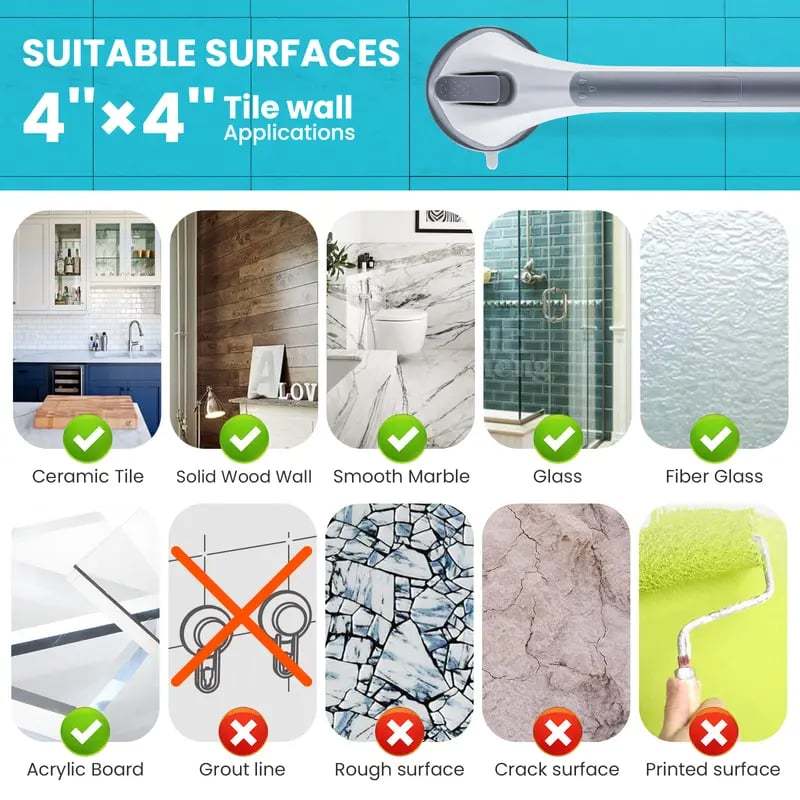 🚿16 Inch No Drilling Suction Cup Removable Bathroom Safety Handrail | Waterproof Anti-Slip Shower Grab Bar & Bathtub Grip