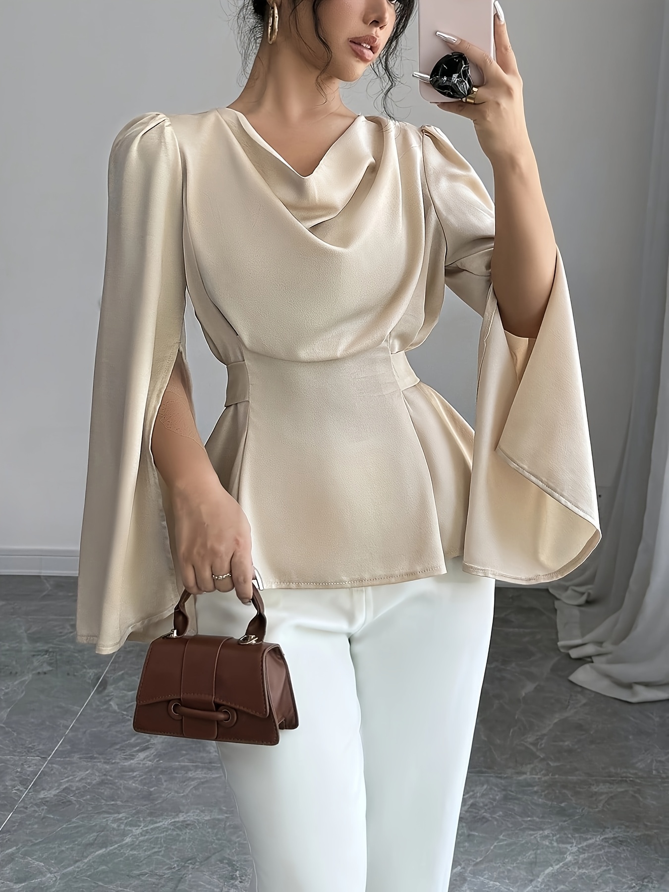 1pc Elegant Solid Color Polyester Shirt for Women, Spring\u002FSummer Collection, Drape Neck with Belt Detail, Regular Length, Woven Fabric, Split Sleeve Design