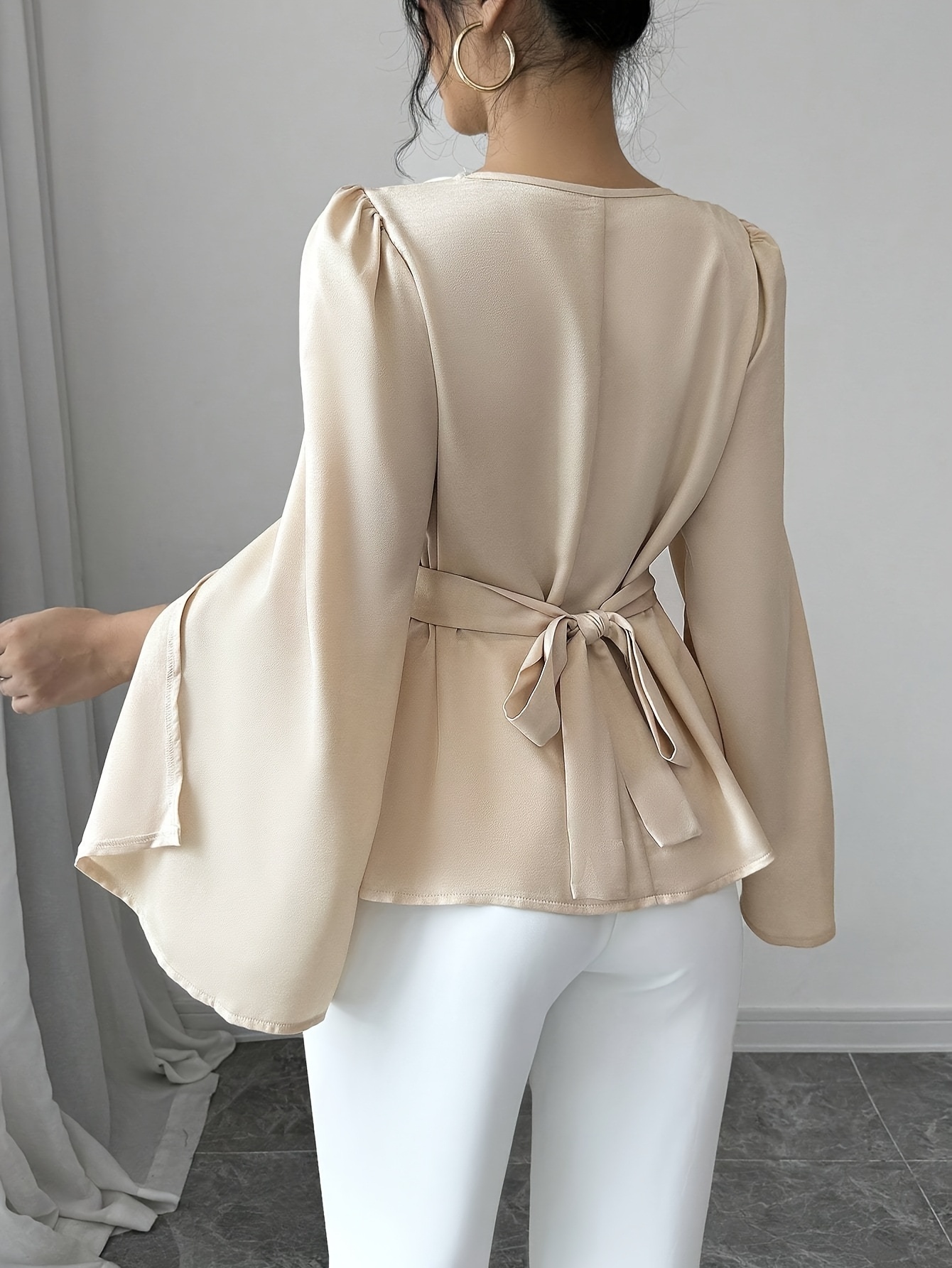 1pc Elegant Solid Color Polyester Shirt for Women, Spring\u002FSummer Collection, Drape Neck with Belt Detail, Regular Length, Woven Fabric, Split Sleeve Design
