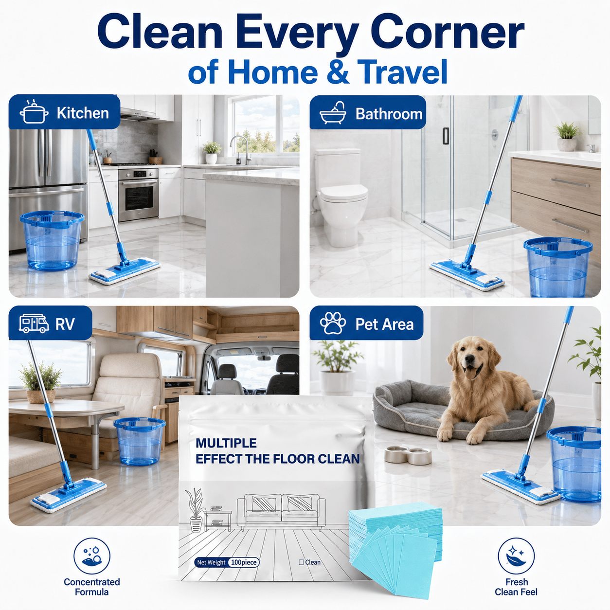 100PCS Floor Cleaning Tablets – Powerful Multi-Surface Mop Cleaner for Hardwood, Tile, Laminate & RV Walls, Fresh Scent Deodorizing Formula
