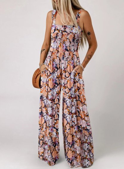 Boho Floral Print Smocked Bodice Wide Leg Jumpsuit
