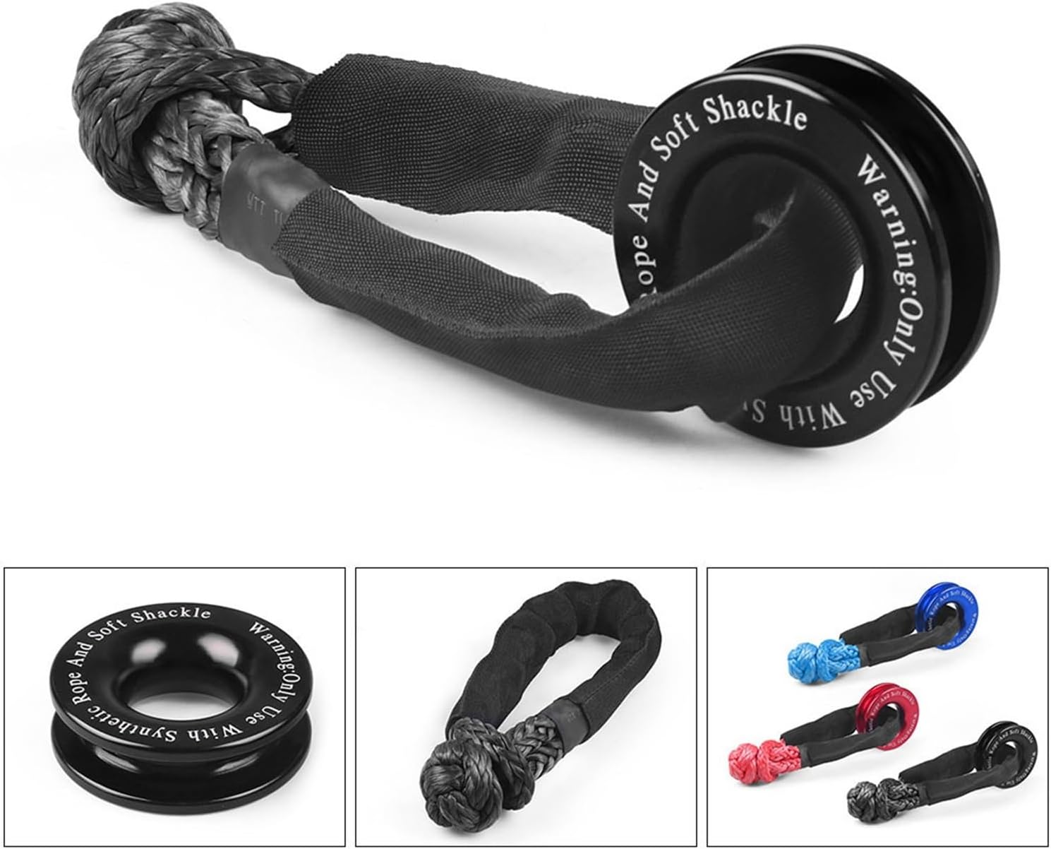 Winch Rope Synthetic Soft Shackle+Recovery Ring Set Rugged Shackles With Protective Sleeve 41000lbs