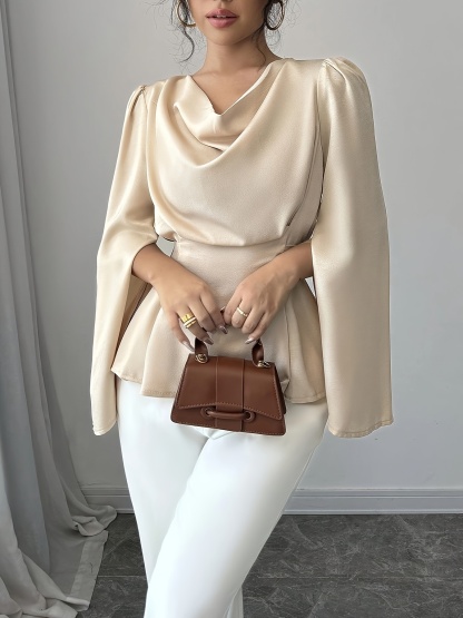 1pc Elegant Solid Color Polyester Shirt for Women, Spring\u002FSummer Collection, Drape Neck with Belt Detail, Regular Length, Woven Fabric, Split Sleeve Design
