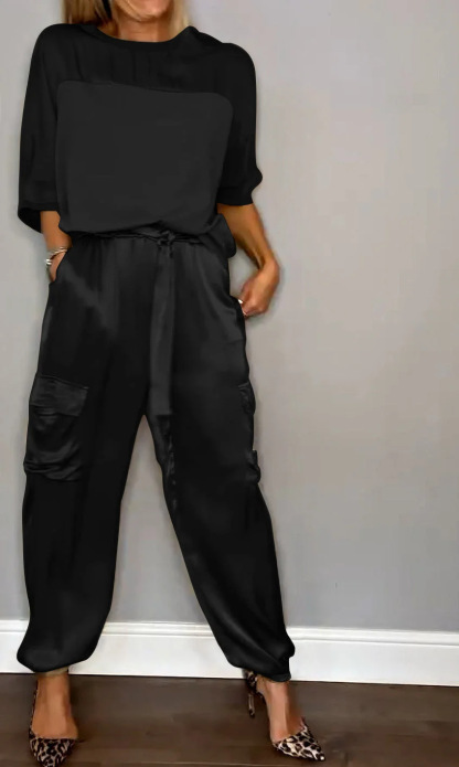Fashion Women'S Smooth Satin Half Sleeve Top Set Two-Piece Set