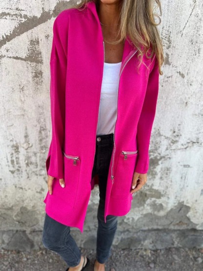 Popular Women'S Fall And Winter Solid Color Casual Zipper Hooded Jacket Jacket