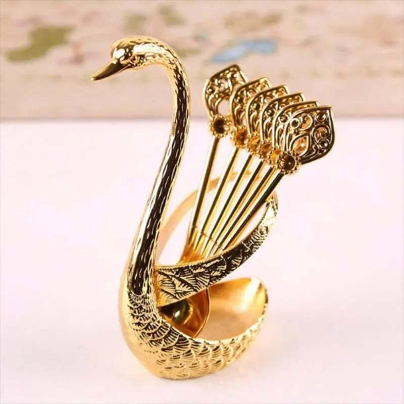 6 Stainless Steel Coffee Spoons with Elegant Swan Base
