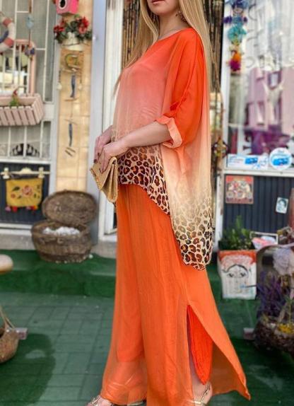 Women Leopard Print Chiffon Mid-sleeve Casual Two-piece Suit