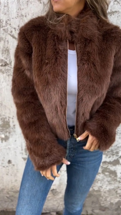 Autumn And Winter Women'S Imitation Fur Turtleneck Zipper Casual Top Jacket