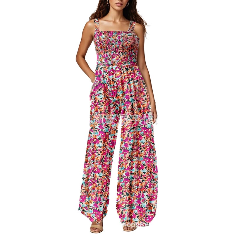 Boho Floral Print Smocked Bodice Wide Leg Jumpsuit