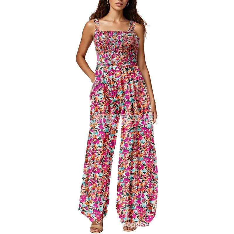 Boho Floral Print Smocked Bodice Wide Leg Jumpsuit