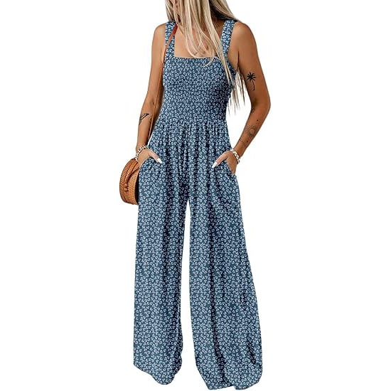 Boho Floral Print Smocked Bodice Wide Leg Jumpsuit