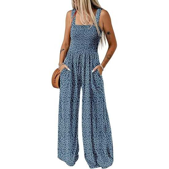 Boho Floral Print Smocked Bodice Wide Leg Jumpsuit