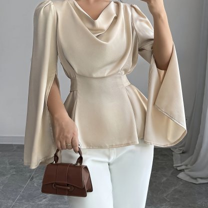 1pc Elegant Solid Color Polyester Shirt for Women, Spring\u002FSummer Collection, Drape Neck with Belt Detail, Regular Length, Woven Fabric, Split Sleeve Design