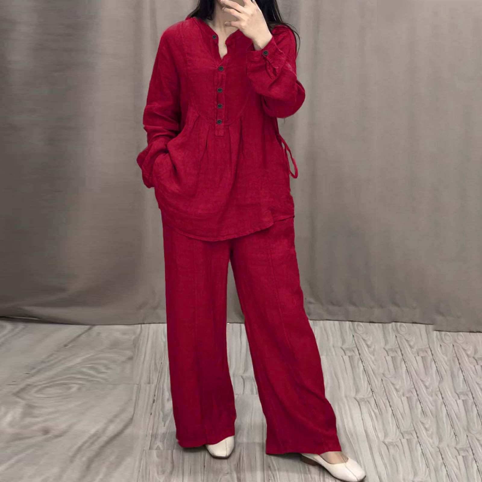 Women's Two Piece Outfits Cotton Linen Pants Sets Casual Long Sleeve Button Down Henley Tops and Pants Lounge Sets Red XXL 12