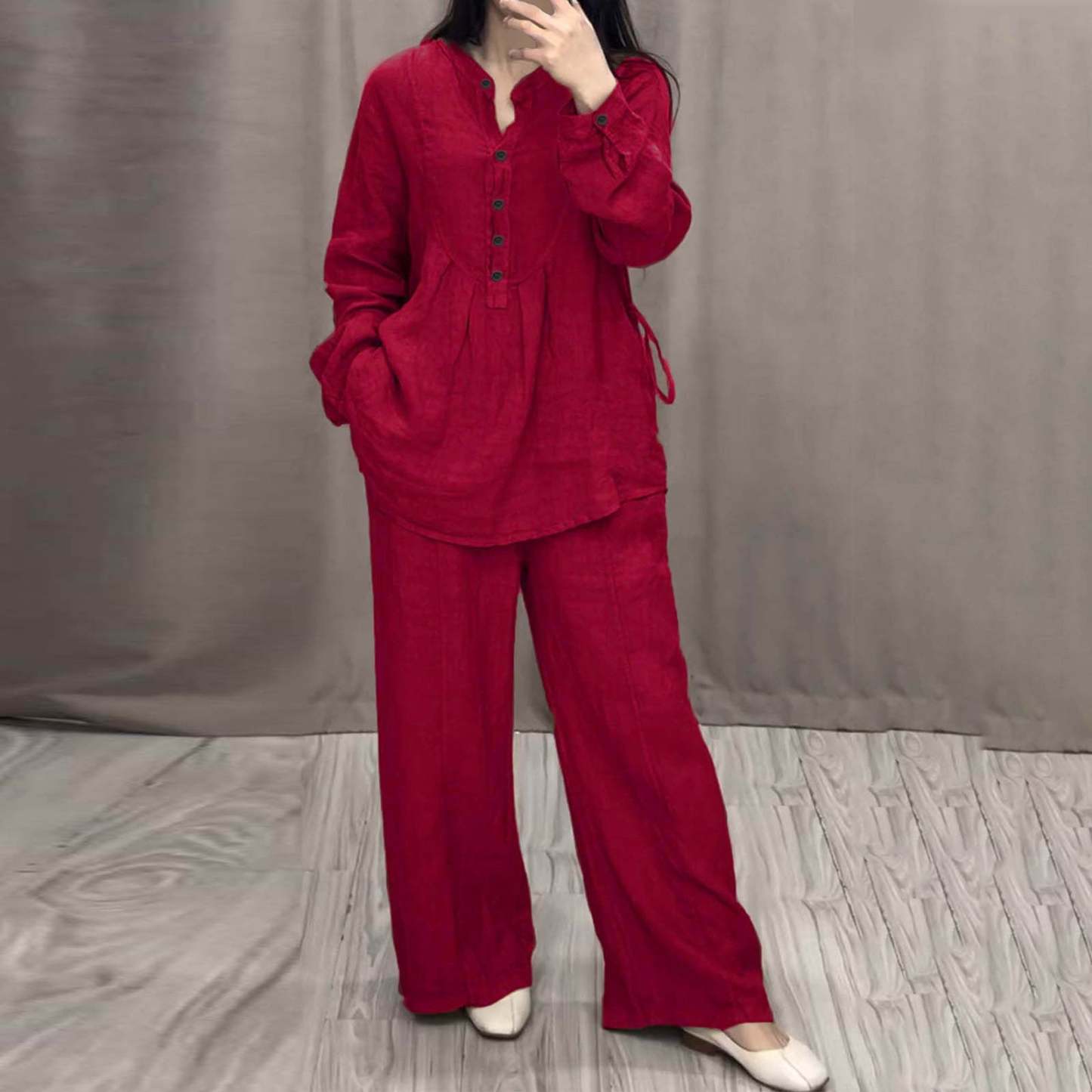 Women's Two Piece Outfits Cotton Linen Pants Sets Casual Long Sleeve Button Down Henley Tops and Pants Lounge Sets Red XXL 12