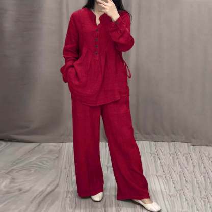 Women's Two Piece Outfits Cotton Linen Pants Sets Casual Long Sleeve Button Down Henley Tops and Pants Lounge Sets Red XXL 12