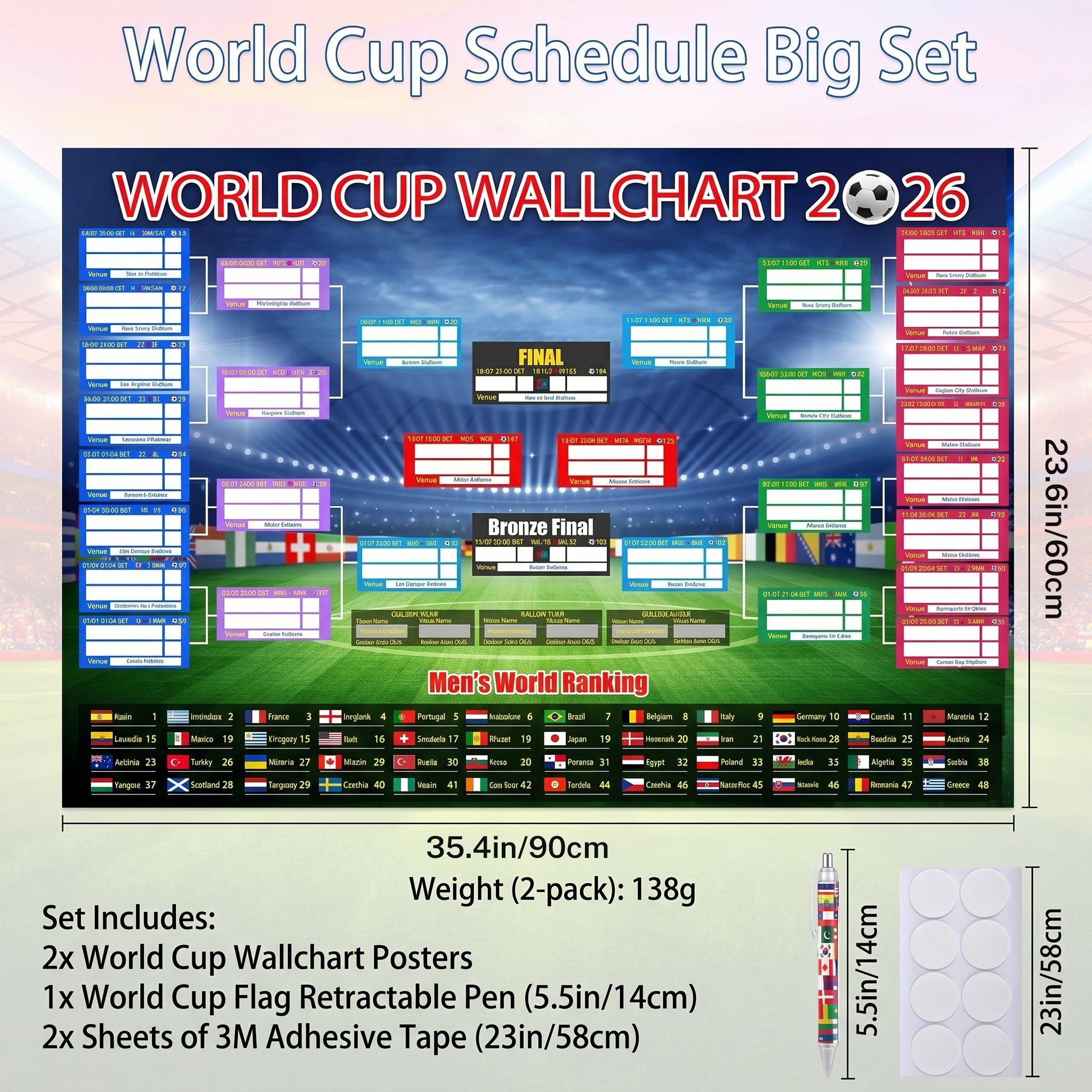 🗓️⚽ World Cup Wall Chart 2026 Poster Set – Don't Miss a Match! - Marker Pen & Mounting Strips Included 🎁