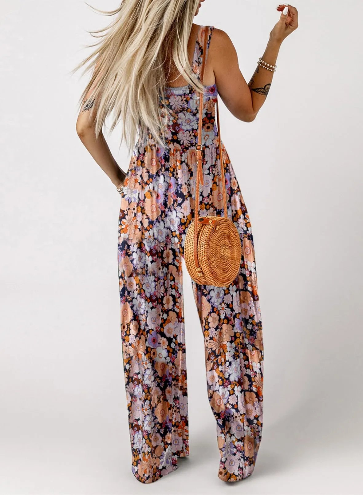 Boho Floral Print Smocked Bodice Wide Leg Jumpsuit