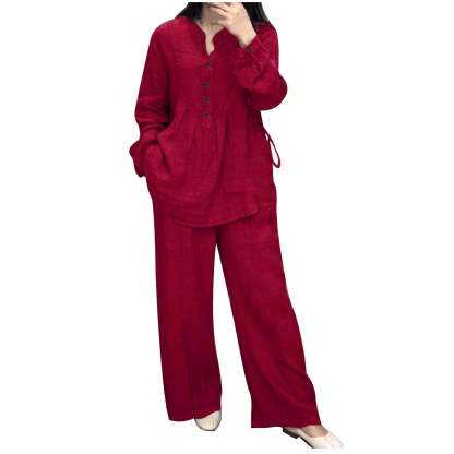 Women's Two Piece Outfits Cotton Linen Pants Sets Casual Long Sleeve Button Down Henley Tops and Pants Lounge Sets Red XXL 12
