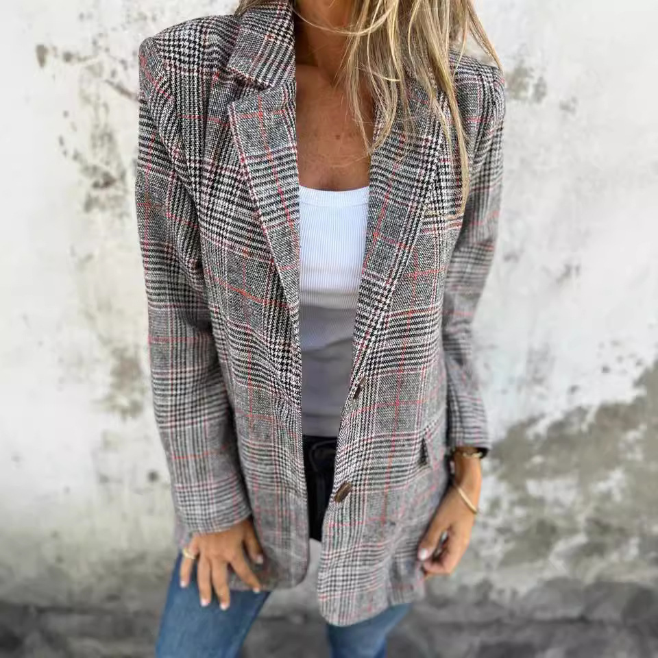 Cardigan Jacket Women Casual Fashion Retro Houndstooth Lapel Suit