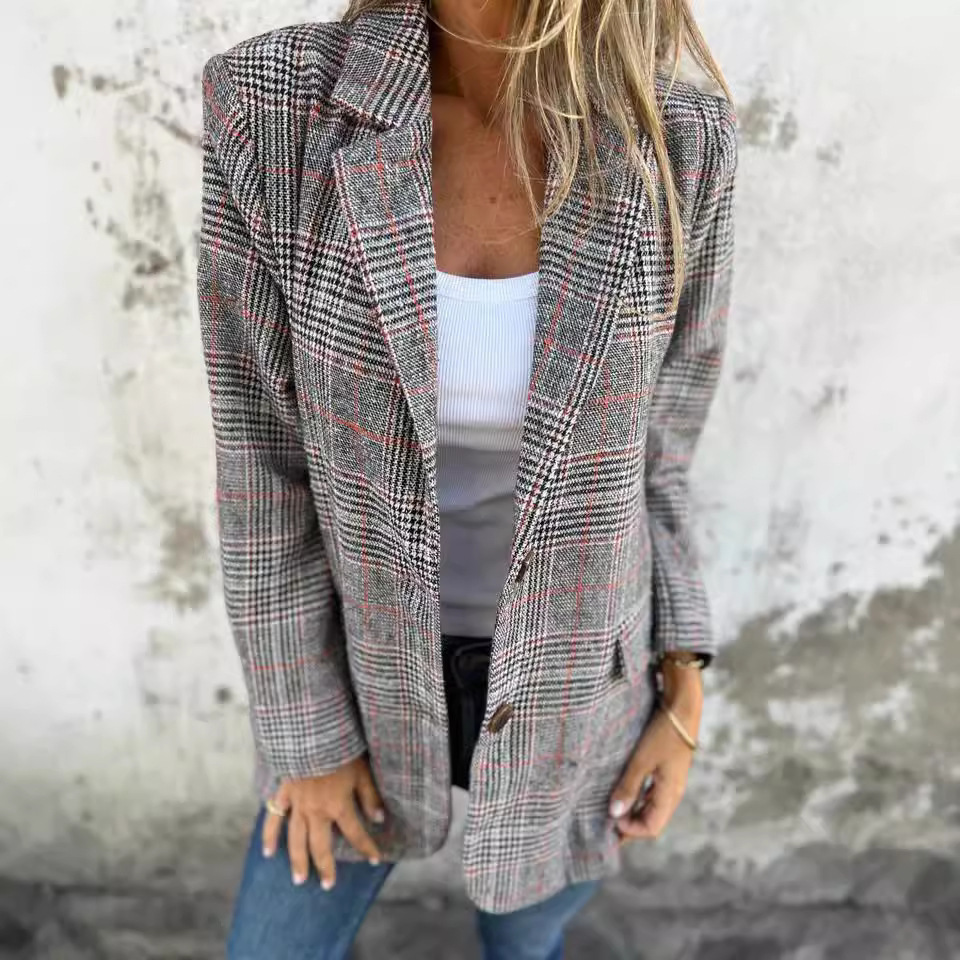 Cardigan Jacket Women Casual Fashion Retro Houndstooth Lapel Suit