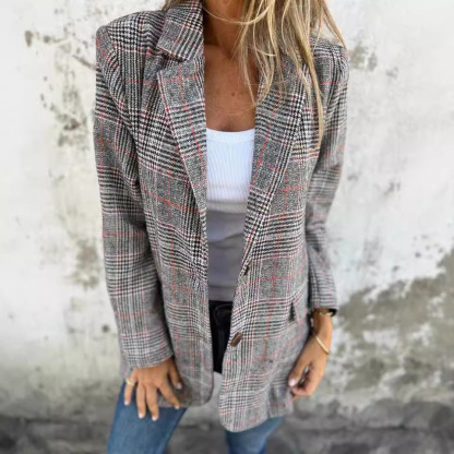 Cardigan Jacket Women Casual Fashion Retro Houndstooth Lapel Suit