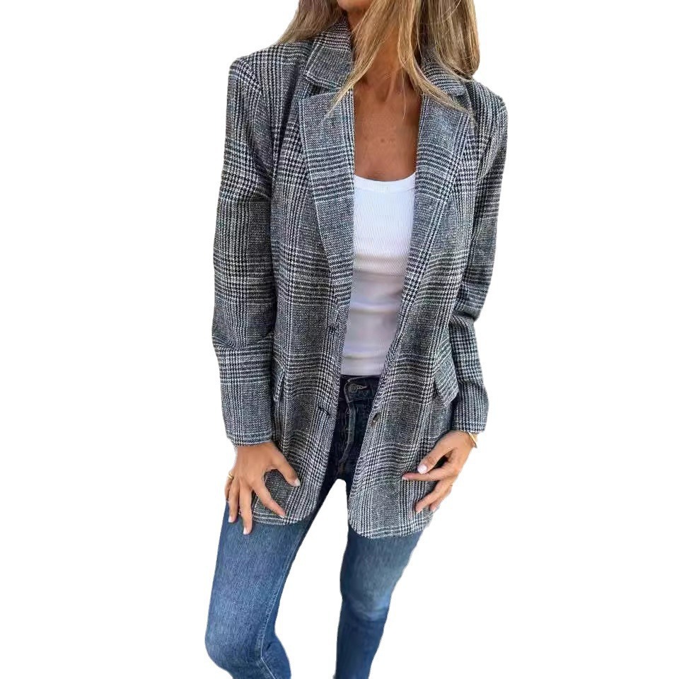 Cardigan Jacket Women Casual Fashion Retro Houndstooth Lapel Suit