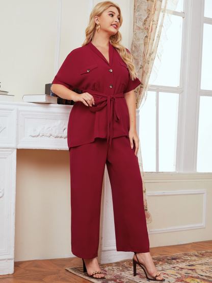 SHEIN Plus Flap Pocket Self Belted Blouse & Pants Set