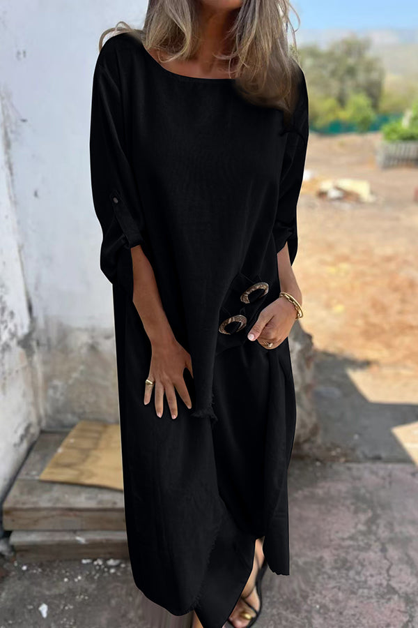 Linen blend ring trim midi shirt and elastic waistband pocket slacks set