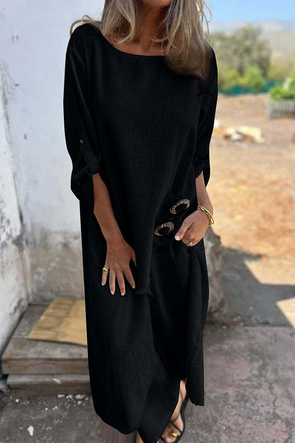 Linen blend ring trim midi shirt and elastic waistband pocket slacks set
