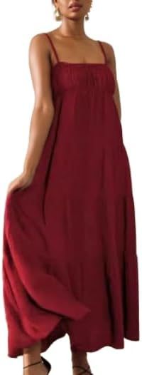 TIAFORD Women Sleeveless Spaghetti Strap Maxi Dress Summer Casual Boho Square Neck Tiered Pleated Sundress Flowy Beach Dress