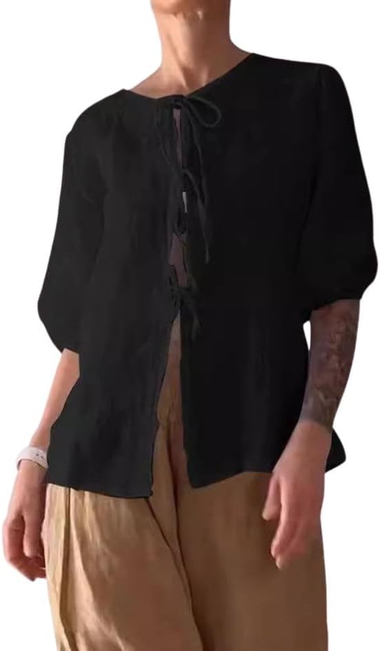 Summer Casual Linen Sets for Women Plus Size Trendy 2 Piece Outfits Half Sleeve Lace-Up Shirt and Wide Leg Pant Suit