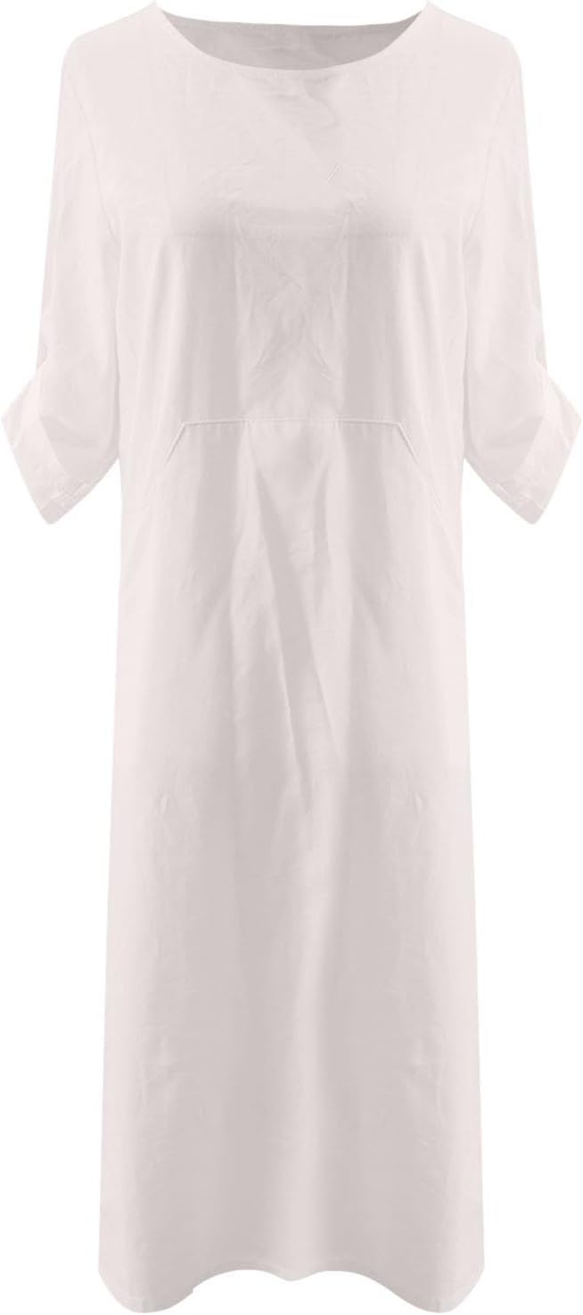 Women's Cotton and Linen Spring and Summer Fashion Solid Color Loose Casual Dress V Neck Dress