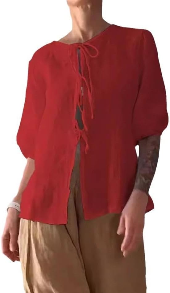 Summer Casual Linen Sets for Women Plus Size Trendy 2 Piece Outfits Half Sleeve Lace-Up Shirt and Wide Leg Pant Suit