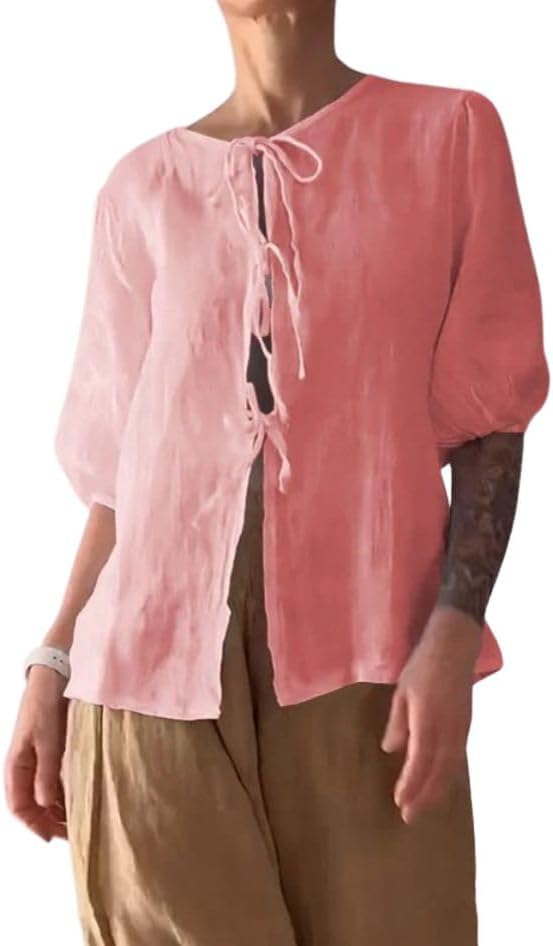Summer Casual Linen Sets for Women Plus Size Trendy 2 Piece Outfits Half Sleeve Lace-Up Shirt and Wide Leg Pant Suit