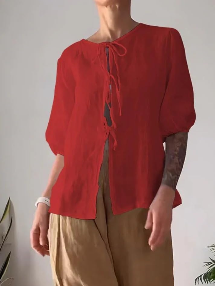 Summer Casual Linen Sets for Women Plus Size Trendy 2 Piece Outfits Half Sleeve Lace-Up Shirt and Wide Leg Pant Suit