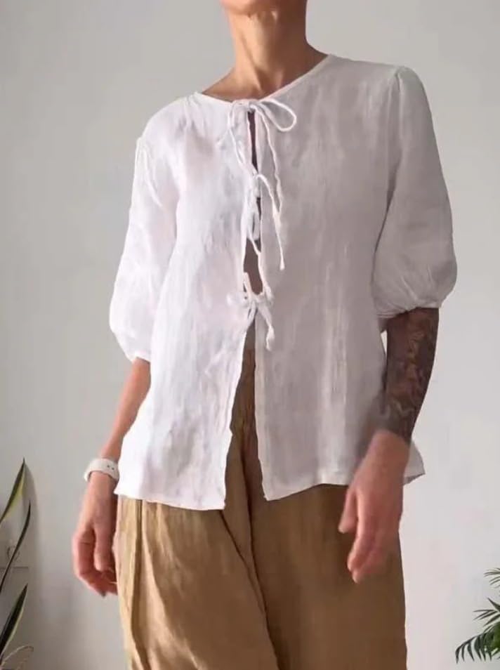 Summer Casual Linen Sets for Women Plus Size Trendy 2 Piece Outfits Half Sleeve Lace-Up Shirt and Wide Leg Pant Suit