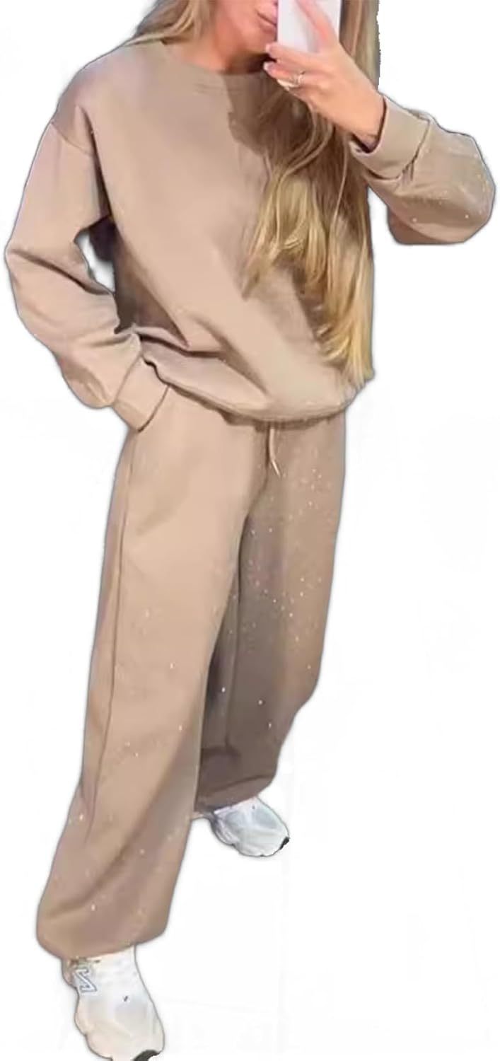 Women‘s 2 Piece Sweatsuits Glitter Sequin Long Sleeve Crewneck Trendy Tracksuits Casual Comfy Fall Lounge Sets