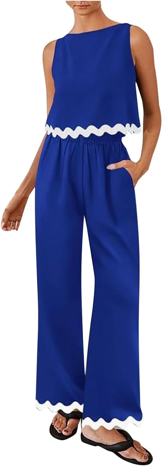 Matching Lounge Set Women Summer Plus Size Wide Leg Pants Sleeveless Lounge Set Stylish Comfy Jogger Loungewear Set