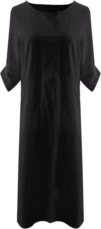 Women's Cotton and Linen Spring and Summer Fashion Solid Color Loose Casual Dress V Neck Dress