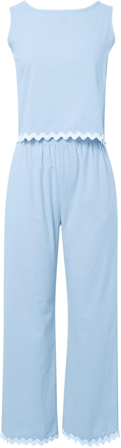Matching Lounge Set Women Summer Plus Size Wide Leg Pants Sleeveless Lounge Set Stylish Comfy Jogger Loungewear Set