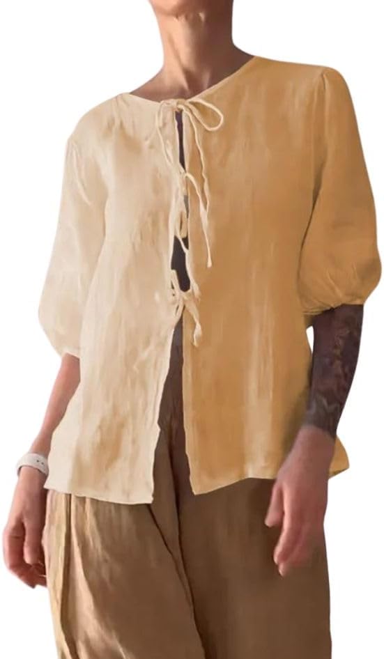 Summer Casual Linen Sets for Women Plus Size Trendy 2 Piece Outfits Half Sleeve Lace-Up Shirt and Wide Leg Pant Suit