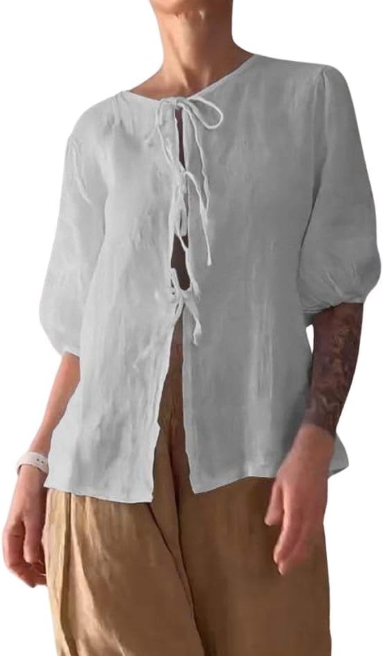 Summer Casual Linen Sets for Women Plus Size Trendy 2 Piece Outfits Half Sleeve Lace-Up Shirt and Wide Leg Pant Suit