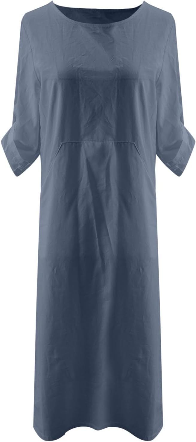 Women's Cotton and Linen Spring and Summer Fashion Solid Color Loose Casual Dress V Neck Dress