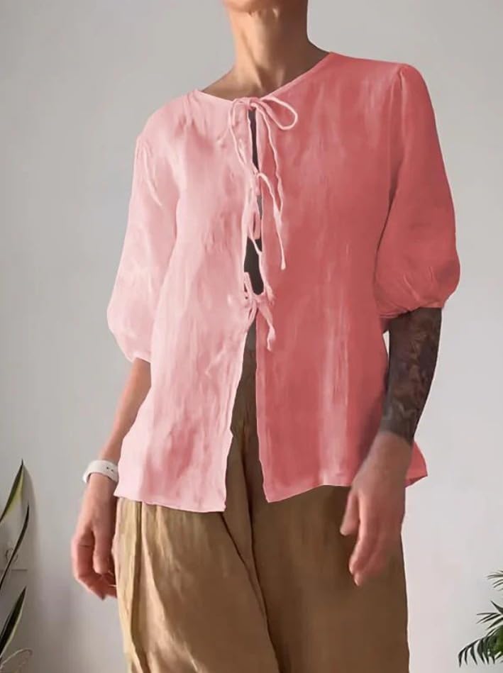 Summer Casual Linen Sets for Women Plus Size Trendy 2 Piece Outfits Half Sleeve Lace-Up Shirt and Wide Leg Pant Suit