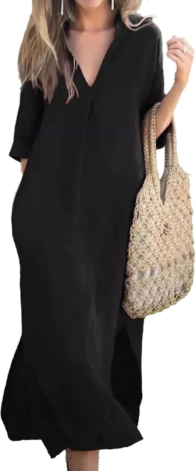 Womens Summer Floral V Neck Maxi Dress 3/4 Sleeve Casual Loose Flowy Long Dress with Pockets
