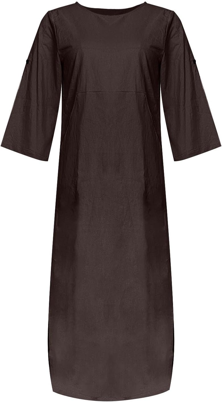 Women's Cotton and Linen Spring and Summer Fashion Solid Color Loose Casual Dress V Neck Dress