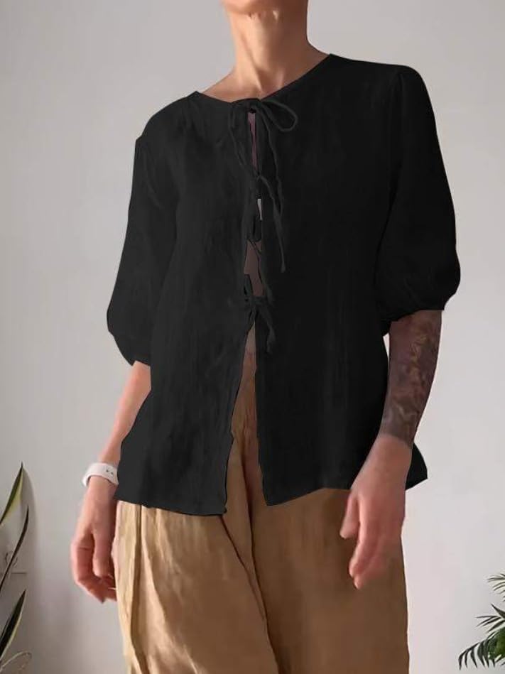 Summer Casual Linen Sets for Women Plus Size Trendy 2 Piece Outfits Half Sleeve Lace-Up Shirt and Wide Leg Pant Suit