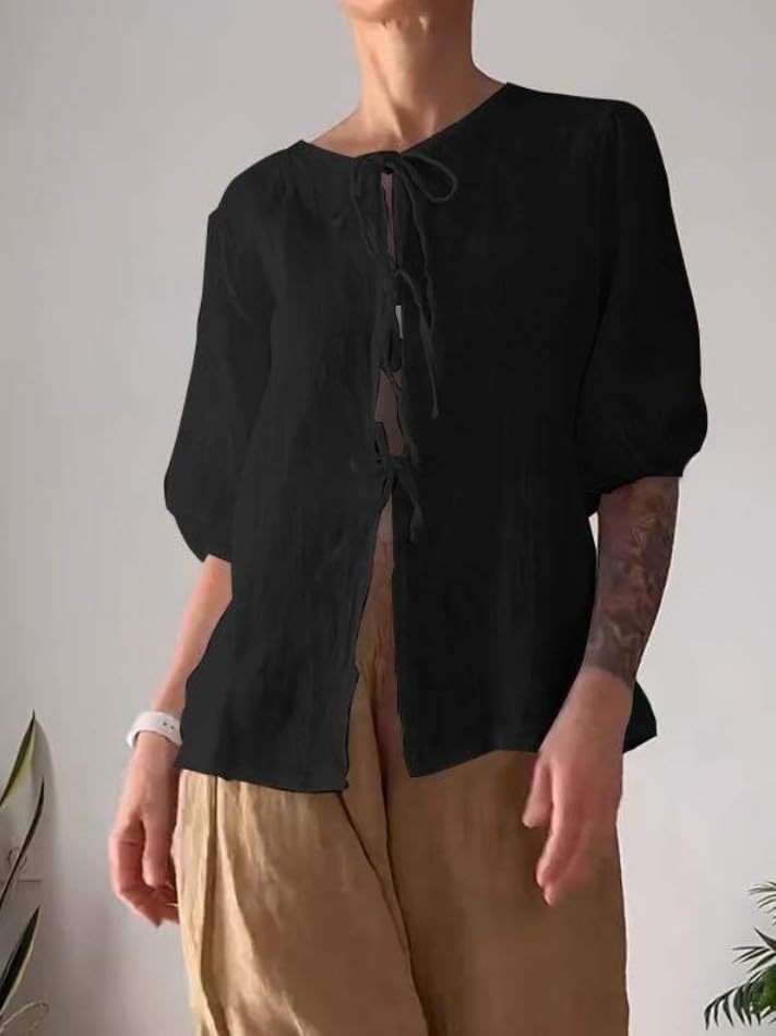 Summer Casual Linen Sets for Women Plus Size Trendy 2 Piece Outfits Half Sleeve Lace-Up Shirt and Wide Leg Pant Suit